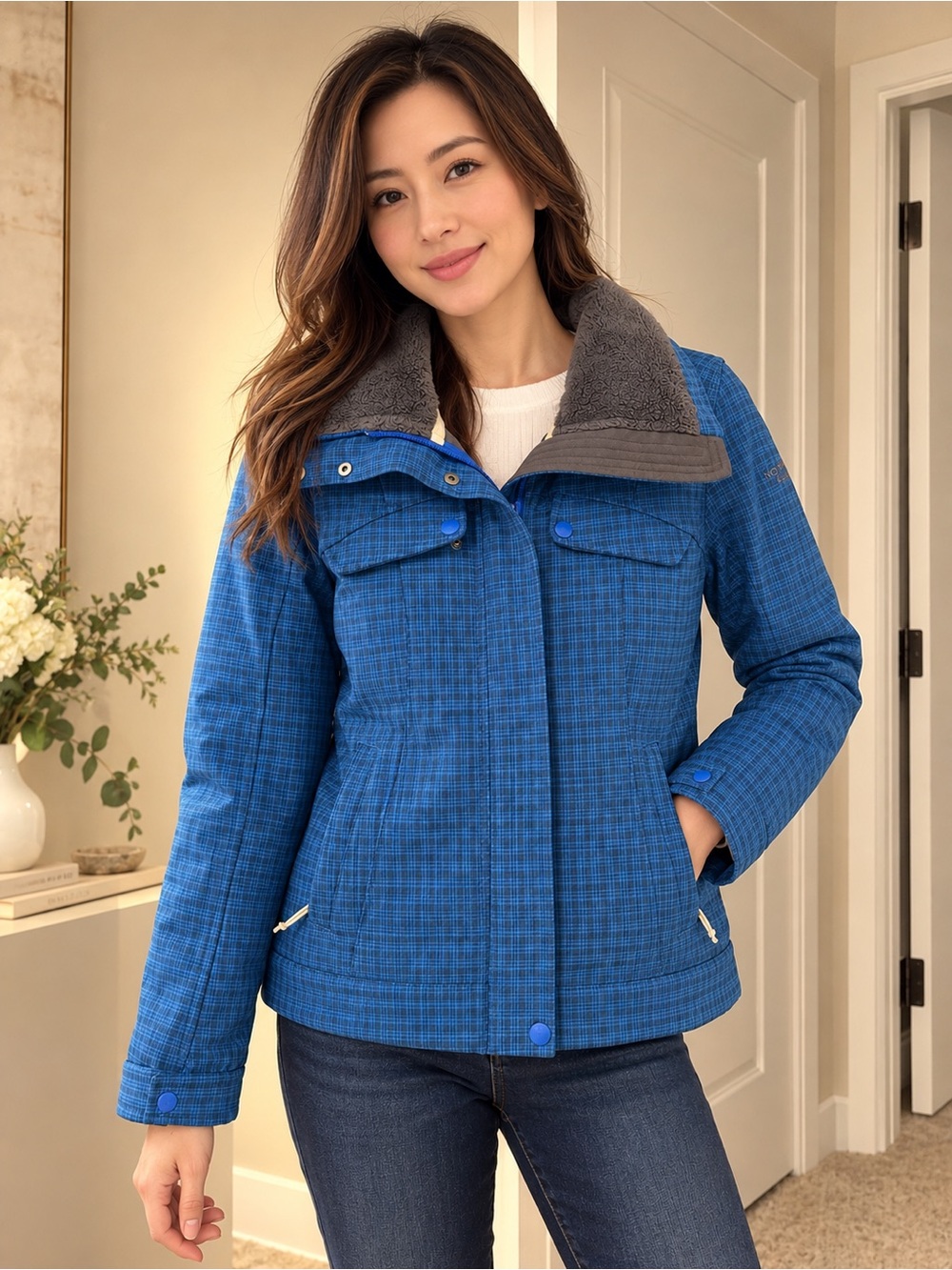 Women's The North Face Blue Plaid Puffer Jacket with Contrast Collar
